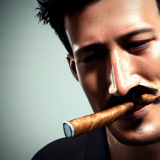 Image similar to a closeup photo of handsome gigachad markiplier smoking a cigar, 8k photorealism, extremly detailed, trending on artstation