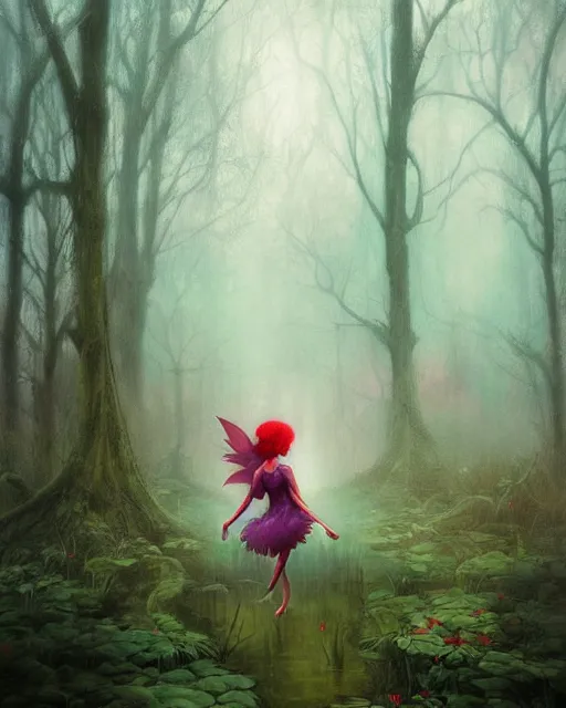 Prompt: a beautiful vibrant digital artwork of a pixie in a misty swamp landscape by esao andrews and peter mohrbacher. trending on artstation