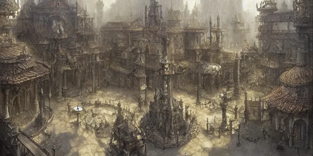 Prompt: A plaza in a slovenly city of precision-cast lithium and elegant courtyards, peopled by Dark Kobolds, by John Howe