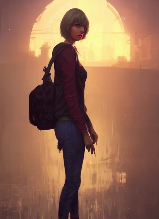 Image similar to Highly detailed full-body portrait of homeless Taylor Swift, in GTA V, Stephen Bliss, unreal engine, fantasy art by Greg Rutkowski, Loish, Rhads, Makoto Shinkai and Lois van baarle, ilya kuvshinov, rossdraws, Tom Bagshaw global illumination, radiant light, detailed and intricate environment