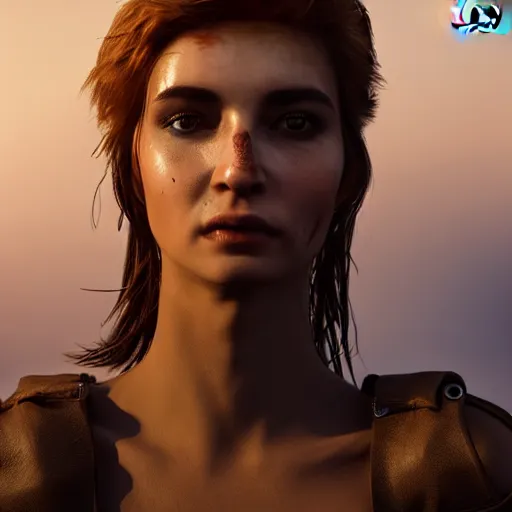 Prompt: beautiful young harpy, leather top, full round face, short smile, golden hour, post apocalyptic setting, medium shot, mid-shot, highly detailed, trending on Artstation, Unreal Engine 4k