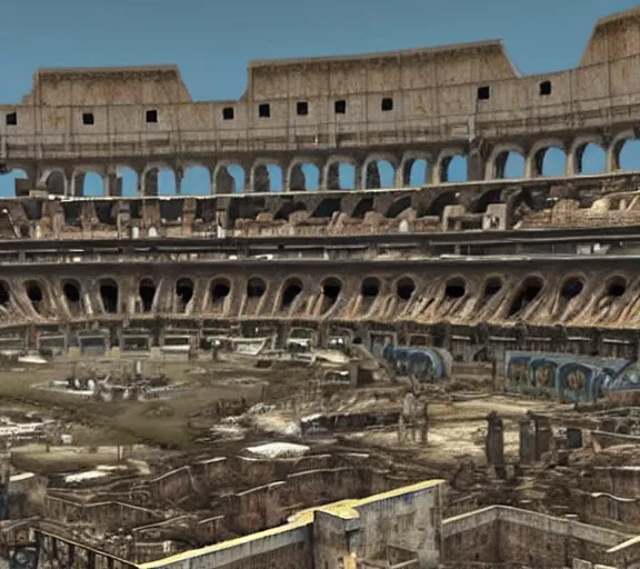 Prompt: Screenshot of reconstruction of Coloseum in Rome from Fallout: New Vegas (2010), screenshot from Fallout: New Vegas (2010)