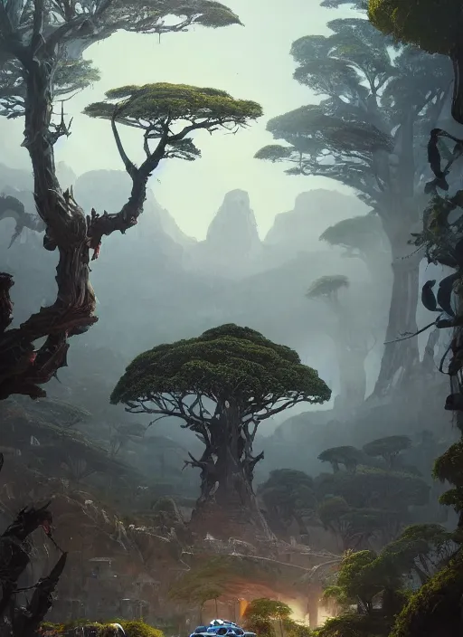 Image similar to hyper realistic robot attacking cape town city beautiful details, gnarly trees, strong composition, poster painted by greg rutkowski, concept art, arcane style, hearthstone wizards of the coast norman rockwell, james gurney and greg rutkowski weta studio, and lucasfilm and best of artstation