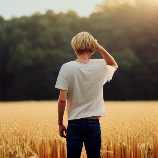 Image similar to kodak portra 4 0 0 photograph of a skinny blonde guy standing in a field of wheat, flower crown, back view, golden ratio, light leak, grain, moody lighting, telephoto, 9 0 s vibe, blurry background, vaporwave colors!, faded!,