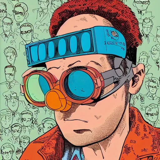 Prompt: close up portrait of goth nerd wearing goggles, by geof darrow, geof darrow art,