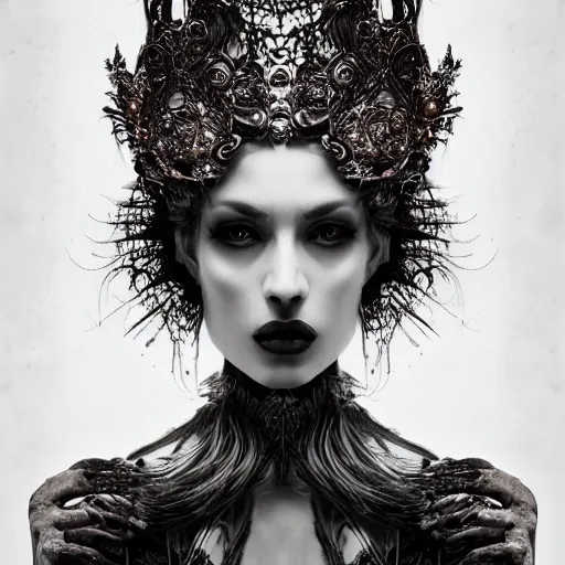 Image similar to a portrait of female model by stefan geselle and nekro borja, photorealistic, intricate details, hyper realistic, dark fantasy, ornate headpiece, dark beauty, photorealistic, canon r 3, photography, wide shot, photography, dark beauty, symmetrical features, wide angle shot