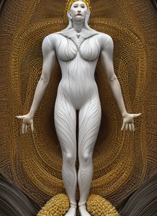 Image similar to a statue made of white marble with gold veins, of corn man, full body shot, perfect symmetrical body, perfect symmetrical face, hyper realistic, hyper detailed, by johannen voss, by peter kemp, by monia merlo, by michelangelo, by ernst haeckel, by alex grey, octane render, blender, 8 k