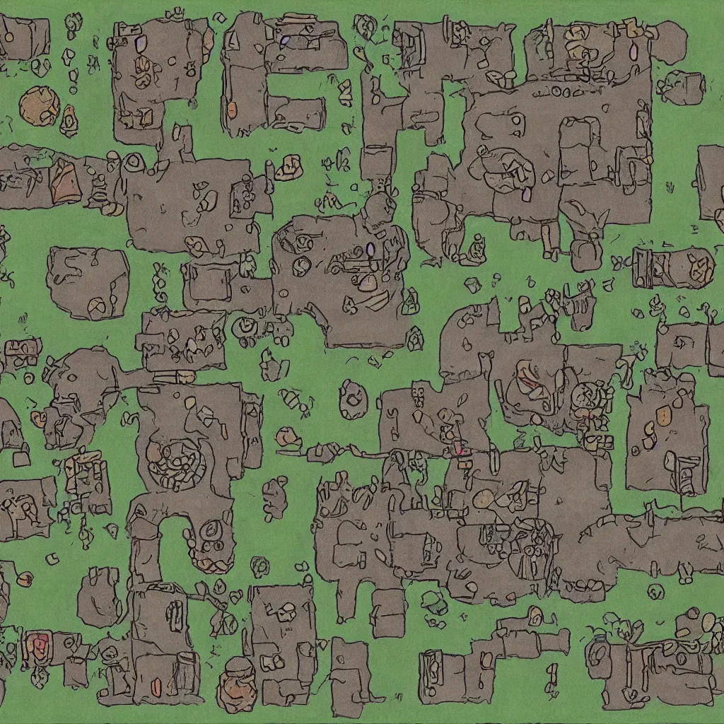 Prompt: simplistic bandit camp layout, art by allixander maps, acrylic drawing, fantasy, world, bright, clear, simple, sharpened