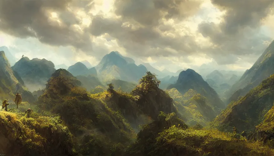 Image similar to excellent painted daemon in a wide epic beautiful landscape somewhere in asia with fluffy clouds, painted by Hans Fredrik Gude, Greg Rutkowksi, Craig Mullins and Artgerm, masterpiece, 4k, ultra realistic highly detailed oil painting