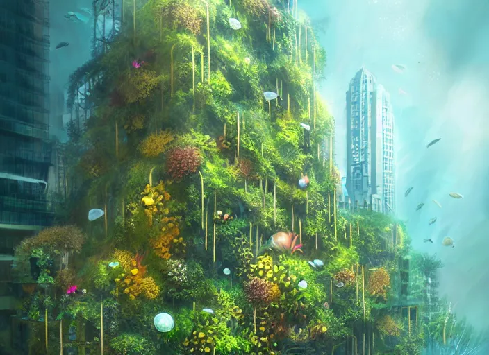 Image similar to overgrown foliage overtaking tall buildings, underwater environment, storefronts, coral, scenery, professional, award - winning, trending on artstation, hyper detailed, realistic, beautiful, emotional, shiny, golden, picture