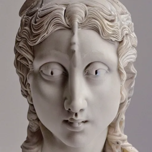 Image similar to Alanis Morisette as a beautiful marble bust of the goddess of the moon, with ribbons in the style of Escher, by Michelangelo