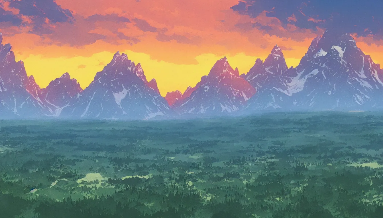 Image similar to view of the Grand Teton mountains in Studio Ghibli style, 4k