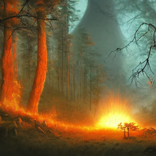 Prompt: nuclear explosion in the forest by gerald brom and noah bradley octane render, dynamic lighting