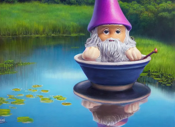 Prompt: a garden gnome sailing in a bucket, background of a reflective pond on a sunny day with dramatic clouds, an ultrafine detailed painting by mark ryden, trending on deviantart, pop surrealism, whimsical, lowbrow, joyous, perfect symmetrical face