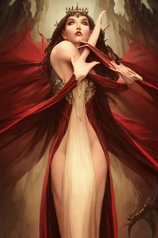 Prompt: beautiful vampire female queen, full clothed body shot, ascending form the sky, hands reaching for her, d & d, fantasy, intricate, elegant, highly detailed, digital painting, artstation, concept art, matte, sharp focus, illustration, hearthstone, art by artgerm and greg rutkowski and alphonse mucha