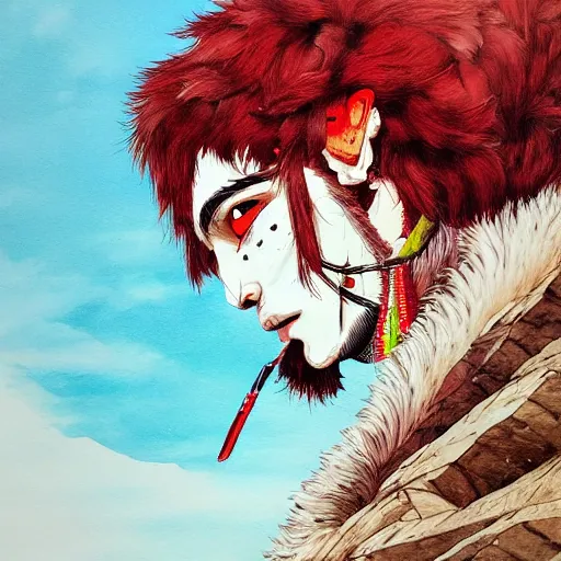 Prompt: painting of a lonesome warrior at the peak of himalayas, style of conrad roset and kentaro miura