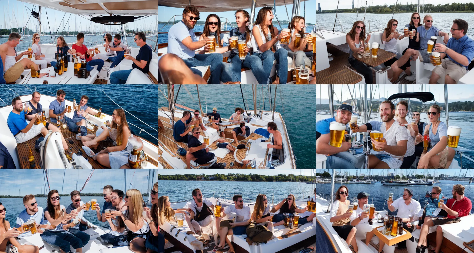 Prompt: people drinking beer on a sailboat