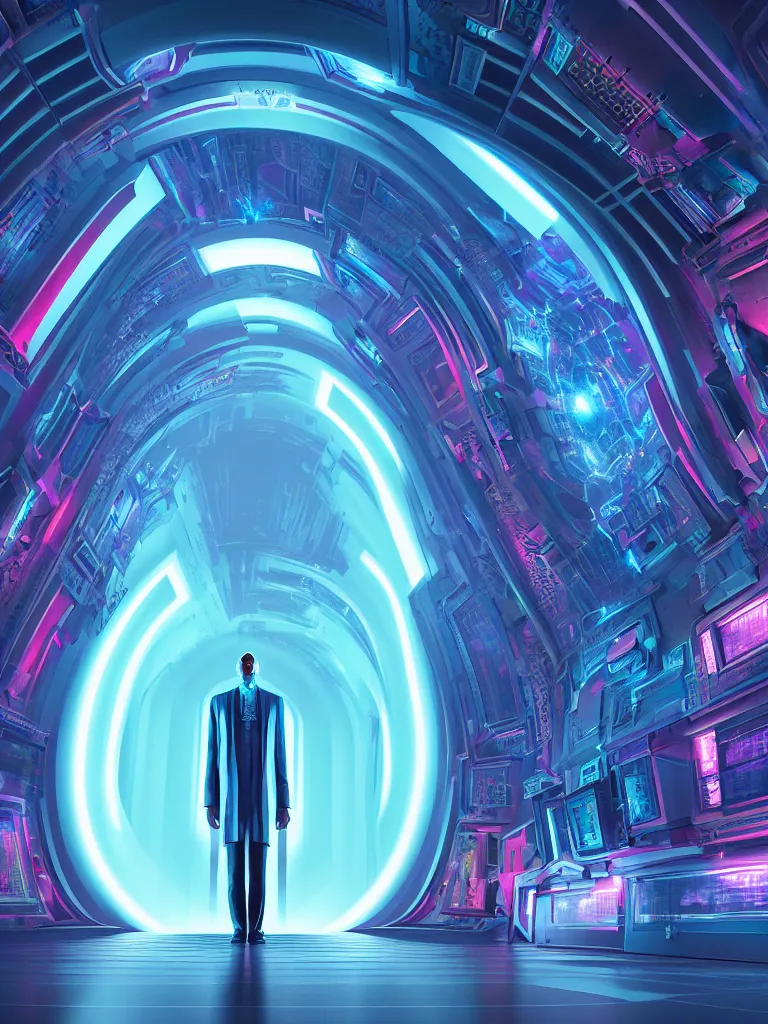 Image similar to symmetrical entrance to mainframe ethereal realm, ai sentient, octane render, symmetrical composition, dreamy colorful cyberpunk colors, 6 point perspective, fantasy landscape with anthropomorphic terrain in the styles of igor morski, jim warren and rob gonsalves, intricate, hyperrealistic, volumetric lighting, neon ambiance, distinct horizon