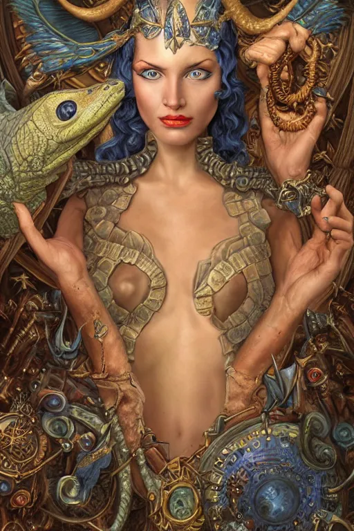 Image similar to Mystical Valkyrie, Portrait of a beautiful female Atlantean Reptilian Warrior, Realistic, Regal, Refined, Detailed Digital Art, Michael Cheval, Walt Disney (1937), François Boucher, Oil Painting, Steampunk, Highly Detailed, Cinematic Lighting, Unreal Engine, 8k, HD