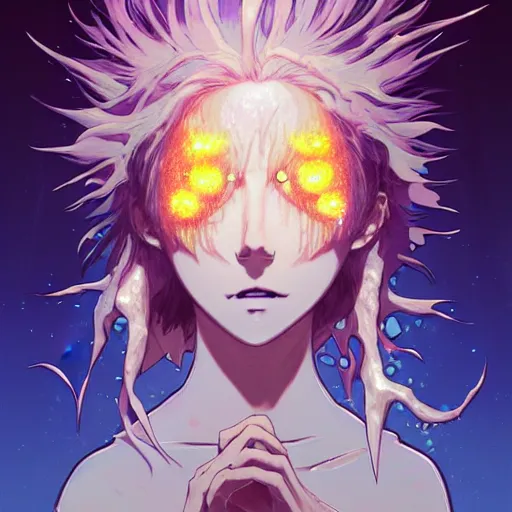 Image similar to god covered in bleach, with rhinestone eyes, covered in paralytic dreams, future pixels, illustration trending on artstation, anime. by hayao miyazaki and rossdraws and artgerm and greg rutkowski and alphonse mucha and studio ghibli and ilya kuvshinov. high quality, stunning, intricate detailed environment. 8 k