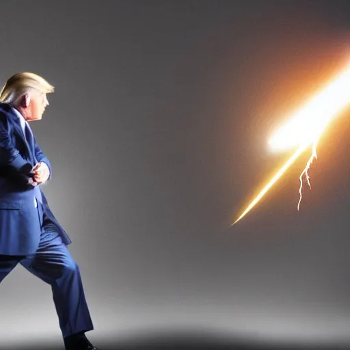 Image similar to mike pence and donald trump shoot lightning at each other, dark background, dramatic, award - winning,