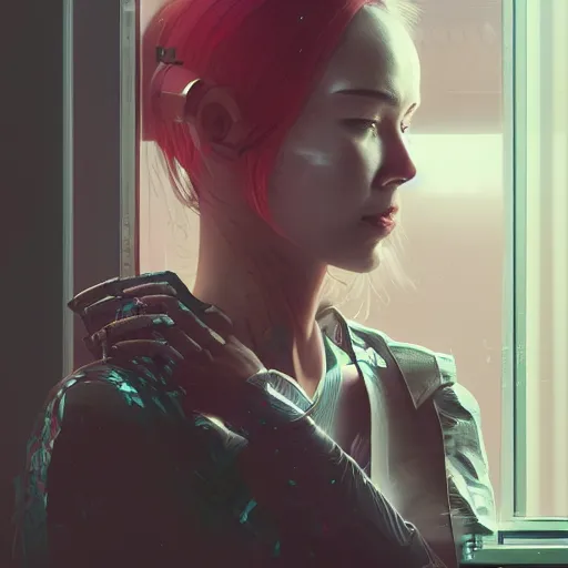 Image similar to portrait of cyberpunk woman looking out of a window, cyberpunk setting, futuristic, highly detailed, intricate lighting, digital painting, sharp focus, illustration, trending on artstation, art by wlop.