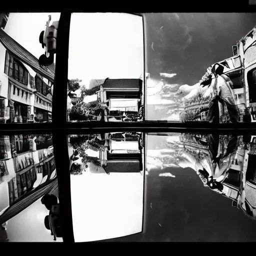 Image similar to lomography street photo wide angle clouds high contrast reflection, optical illusion