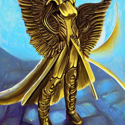 Image similar to Mechanical angel, golden wings, mechanical style, tarot, by dylan kowalski