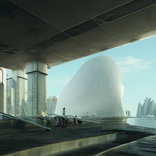 Prompt: scifi architecture, city, sustainable, ecology, green, parametric, brutal, concrete, people, sea, water, cinematic, realistic, octane render.