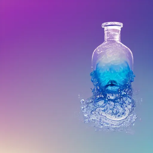 Image similar to water artwork in the shape of a human head stuffed in a bottle, on the ocean water, futuristic, glowing, gradient, hyper realistic, ray tracing, realistic water, sharp focus, long shot, 8 k resolution, cinematic, photoshop water art