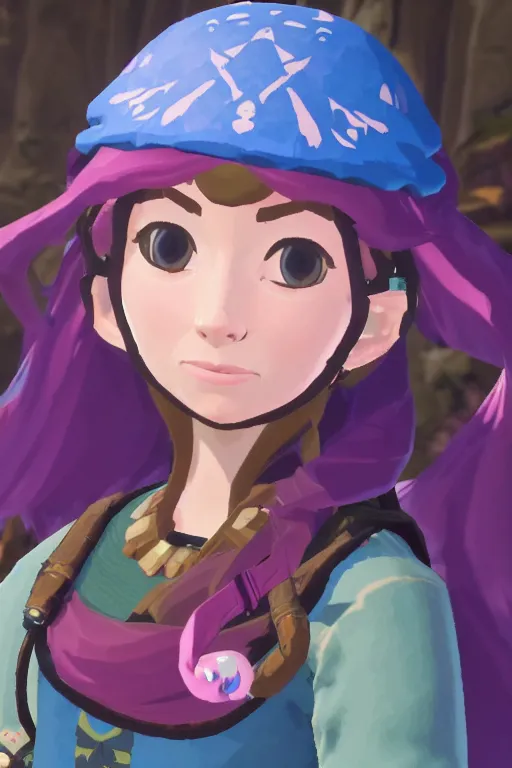 Image similar to an in game portrait of madeline from celeste in the legend of zelda breath of the wild, breath of the wild art style.