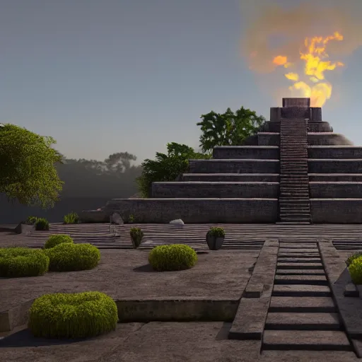 Prompt: an archviz render of a Aztec Temple, torches lit, unreal engine, vray, volumetric lighting, ray tracing, real time ray tracing