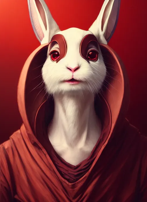 Prompt: close up portrait of anthropomorphized white rabbit, long floppy ears and big round eyes by artgerm, cushart krenz, greg rutkowski, mucha. art nouveau. gloomhaven, red tones, vibrant colors, sharp edges. ultra clear detailed. 8 k. elegant, intricate, octane render