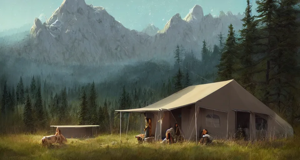 Prompt: cabela's beautiful comfortable modular insulated wall kit - house all weather family dwelling tent house, person in foreground, mountainous forested wilderness open fields, beautiful views, painterly concept art, joanna gaines, environmental concept art, farmhouse, magnolia, concept art illustration, by james gurney, by craig mullins, by greg rutkowski trending on artstation