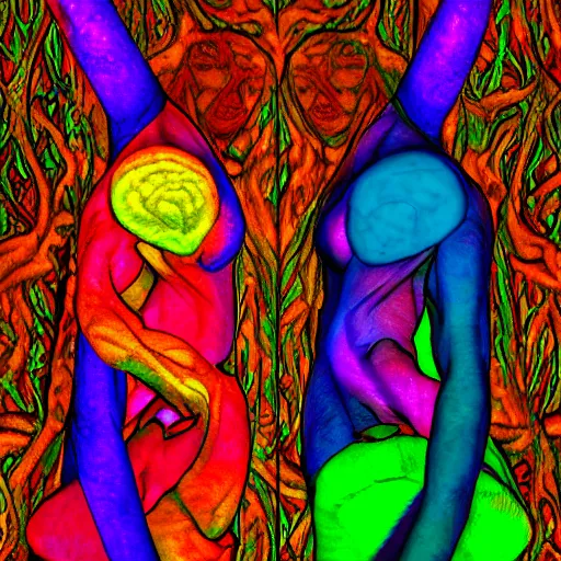 Prompt: dmt bodies. Mesh of human figures intertwined. earthen colors.