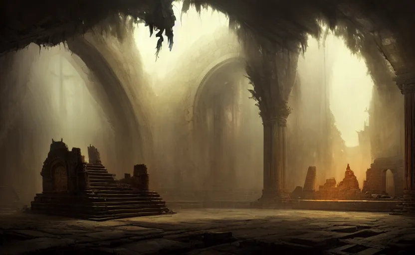 Image similar to The interior of an mytical and ancient temple dragons in ruins, atmospheric lighting, fog, mysterious, arem, intricate, elegant, volumetric lighting, digital painting, highly detailed, artstation, sharp focus, illustration, concept art, ruan jia, steve mccurry