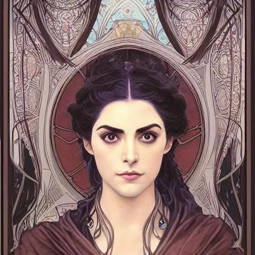 Image similar to masterpiece head-on symmetrical centered bust-view portrait, Maya Ali as D&D sorcerer, Art Nouveau style, wizard robe, fantasy, air brush shading, delicate, elegant, in the style of Greg Rutkowski and Moebius and Mohrbacher and ROSSDRAWS and Ross Tran and Alphonse Mucha and Ayami Kojima and Charlie Bowater and Jean Delville, Pixar, Maya engine, splash comics, tarot card style, Art Nouveau, rich bright colours