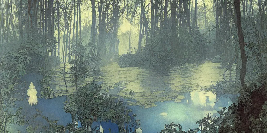 Prompt: ghost river eery atmosphere blue - dark pallete beautiful artwork matte painting detailed painting by ferdinand knab by alphonse mucha by greg rutkowsky