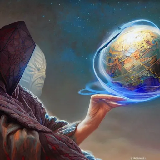 Image similar to creator of worlds wearing a cloak, masked, and holding a holographic planet projection in his hand, detailed, sci - fi, digital painting, artstation, sharp focus, illustration, ominous, artgerm, syd mead, tomasz alen kopera, peter mohrbacher, donato giancola, joseph christian leyendecker, wlop, frank frazetta