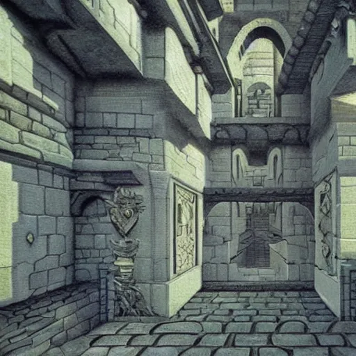 Image similar to main entrance of a castle with subtle lovecraftian vibes, ethereal, oil painting, mc escher