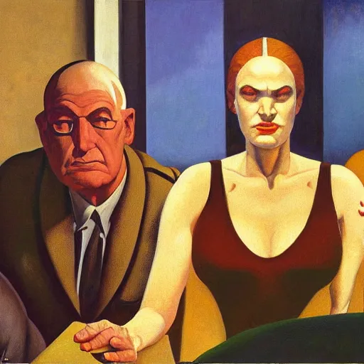 Image similar to three brutalist seers watchers oracles soothsayers portrait, pj crook, grant wood, edward hopper, syd mead, oil on canvas