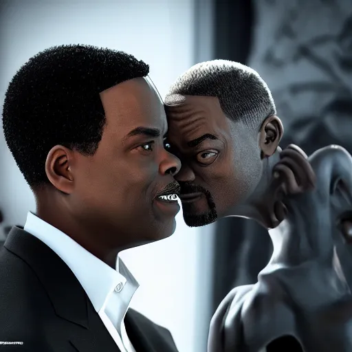 Prompt: chris rock is seen face slapping will smith, shadow harsh lights, dramatic scene, hyper detailed, digital art, trending in artstation, cinematic lighting, studio quality, smooth render, unreal engine 5 rendered, octane rendered