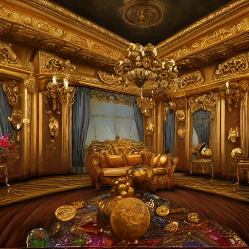 Prompt: Ornate Room full of treasures Golden Coins Heirlooms Paintings Jewels Gemstones Jewelry Magical Sparkling Diamonds Riches Fantasy Hyper detailed digital matte painting, concept art, hyperrealism, Cinema 4D, 8k resolution, 64 megapixels, coherent, bokeh, CGSociety, ZBrush Central, behance HD, hypermaximalist, a masterpiece, 4K