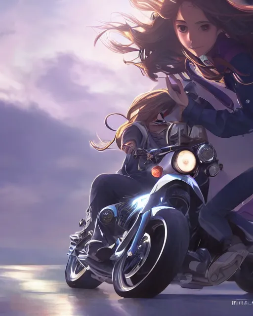 Image similar to a girl joyriding a on a motorcycle, full shot, atmospheric lighting, detailed face, by makoto shinkai, stanley artgerm lau, wlop, rossdraws