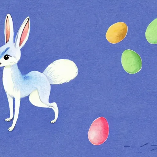 Image similar to a blue tailed fox searching for easter eggs, cute aquarel