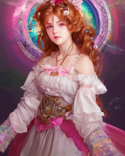 Image similar to portrait of magical lolita girl, dreamy and ethereal, expressive pose, big gold eyes, exciting expression, fantasy, intricate, elegant, many rainbow bubbles, rose tones, highly detailed, digital painting, artstation, concept art, cyberpunk wearing, smooth, sharp focus, illustration, art by artgerm and greg rutkowskiand alphonse mucha