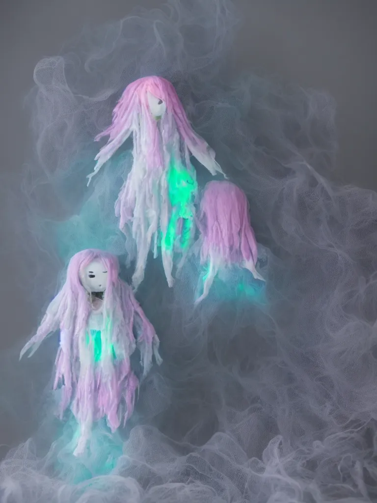 Prompt: cute fumo plush smiling ectoplasmic jellyfish ghost girl waving in deep fog over mysterious reflective waters, patchwork doll chibi gothic maiden in tattered melting rags, glowing pink wisps of hazy green smoke and eerie blue volumetric fog swirling about, moonlight, glowing lens flare, black and white, reflective refractive optics, vray