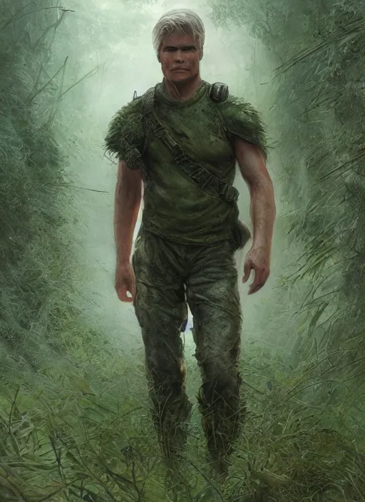 Image similar to portrait of a young richard dean anderson wearing a green combat uniform, in a post appocalyptic city overgrown by plants, by wlop, by luis royo, by greg rutkowski, cover illustration, concept art, volumetric lighting, volumetric atmosphere, sharp focus, octane render, trending on artstation, 8 k