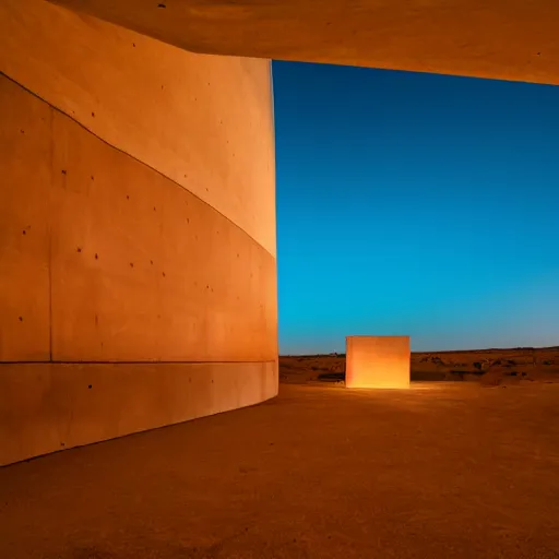 Image similar to concrete structure in the desert at night, neon lights, minimalist architecture, james turrel,
