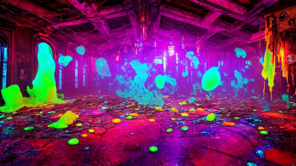 Prompt: multi - colored slime and debris pouring from the ceiling in a large gothic cracked steampunk room spilling over the transparent floor and splashing large glowing luminescent neon drops, field - blur, floodlight, argand lamp, 4 k